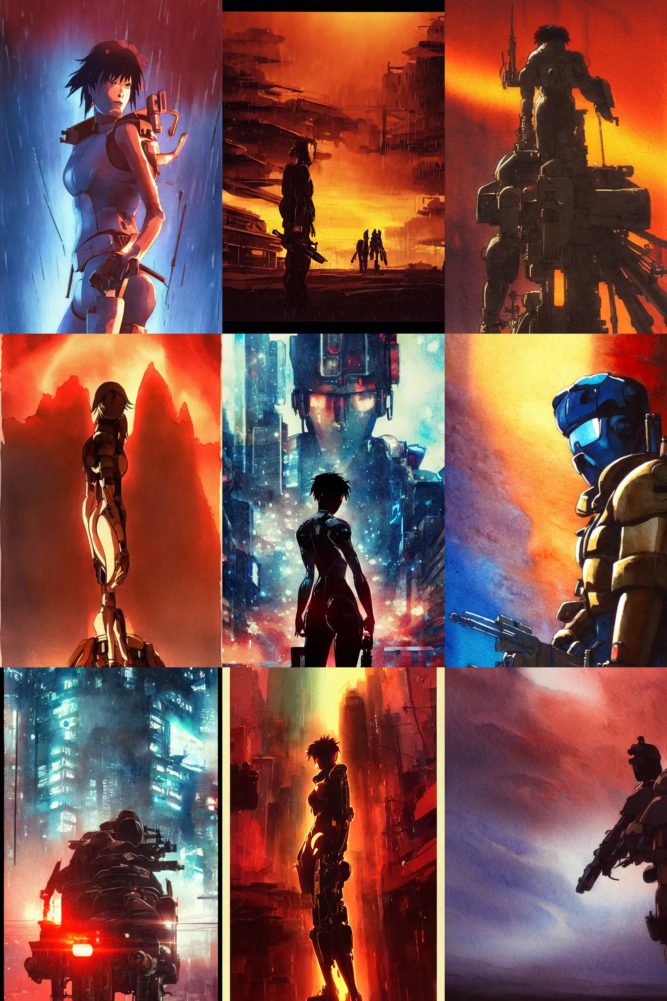 Prompt: incredible movie poster, simple watercolor, back lit, rim light, masamune shirow ghost in the shell movie scene close up broken Kusanagi tank battle, brown mud, dust, memorable scene, glowing red sunset, heavy rain, pipe jungle, reflections, refraction, bounce light, phil hale, rim light, bokeh ,hd, 4k, remaster, dynamic camera angle, deep 3 point perspective, fish eye, dynamic scene