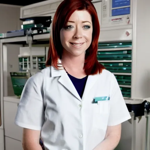 Image similar to full body photo of alyson hannigan as a scientist on a a lab, very detailed face
