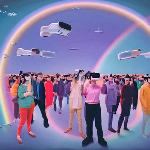 Image similar to A fine art painting of a group of people in a room full of spheres, the people are wearing pale pink clothing and each wearing a Vr headset. Each person is connected to another person by a rainbow that emits from each Vr headset. In the style of Wes Anderson and Biblical paintings