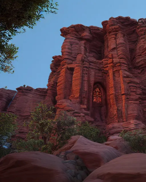 Image similar to beautiful dwelling complex of sandstone, built in red rock canyon, a fusion of star wars and gothic revival architecture, natural volumetric lighting, realistic high detail 4 k render