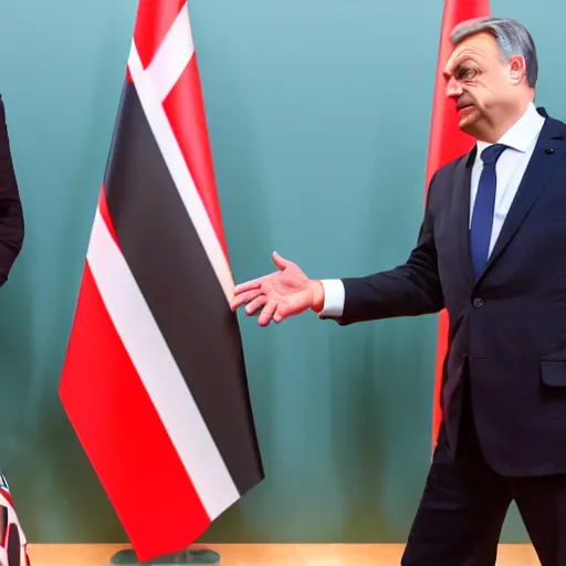 Prompt: Viktor Orban handshake to Andrew Tate, Hyperrealistic, 8k UHG,