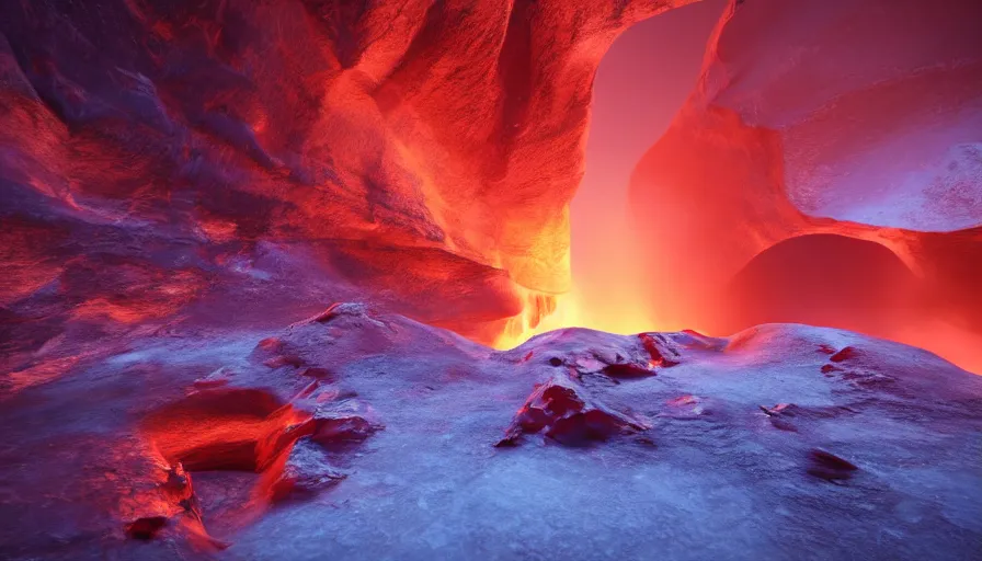 Prompt: wide angle cinematic shot of a deep fiery canyon in a freezing icy planet, ice fire contrast, epic scale, HD cinematic render, volumetric lighting, 4k