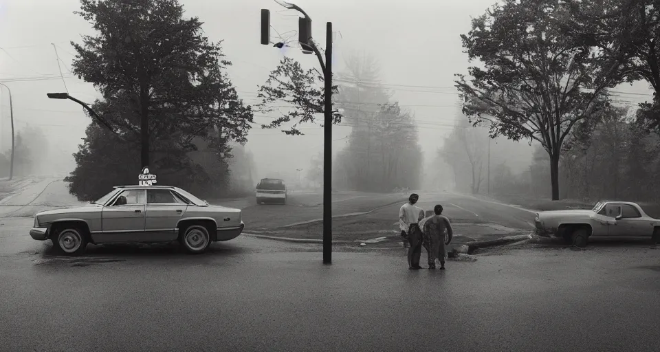 Image similar to a photograph of a car at an intersection with a person standing in its headlights by Gregory Crewdson