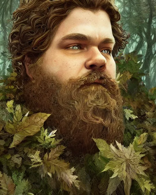 Image similar to patrick rothfuss as a forest druid with leaves in his beard, dreamy and ethereal, fantasy, intricate, elegant, highly detailed, digital painting, artstation, concept art, smooth, sharp focus, illustration, art by artgerm and greg rutkowski and donato giancola