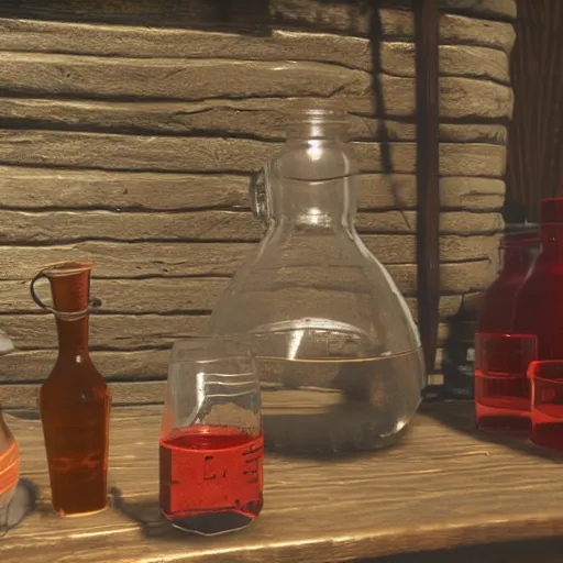 Prompt: a beaker flask and other chemistry glassware in red dead redemption 2