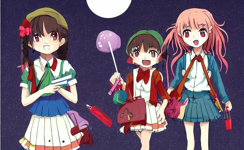 Prompt: anime about a schoolgirl and her monster clown friend trying to navigate the rigors of school life, horror, wholesome, creepy, cute, fantasy anime illustration