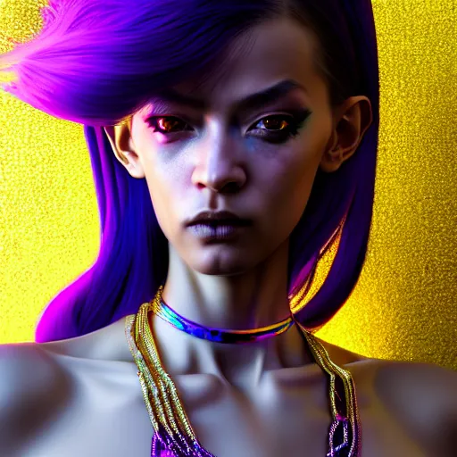 Image similar to hyperdetailed close portrait of a stunningly beautiful cyberpunk girl androgynous wizard guard made of iridescent metals and shiny purple gems, bright rainbow nimbus, transparent necklace, gold background inspired by ross tran and masamune shirow and kuvshinov, concept art, intricate, photorealistic, octane render, rtx, hdr, unreal engine, dnd digital art by artgerm