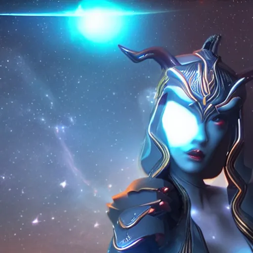 Image similar to the most beautiful cosmic android robot female devil, long glowing loki like horns, selfie pic by unreal engine