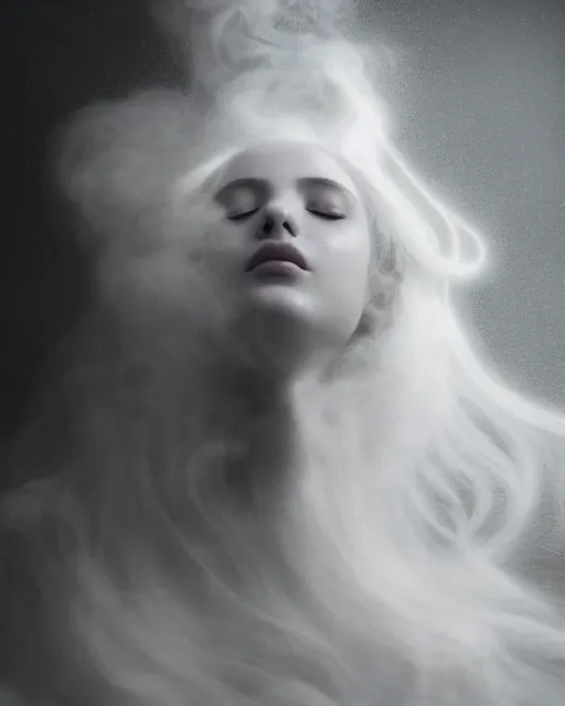 Prompt: soft, dreamy, subsurface scattering, white, young beautiful goddess in cosmos with very long white hair floating in air, fluid smoke art, black and white, octane render, dino valls, mark ryden, joe fenton, michal karcz, highly detailed, rim light, art, cinematic lighting, very coherent, hyper realism, 8 k