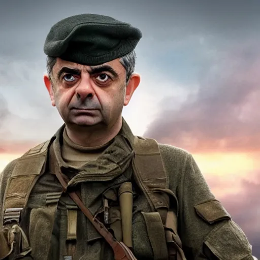 Image similar to rowan atkinson as epic war hero, movie poster, 8 k hd,