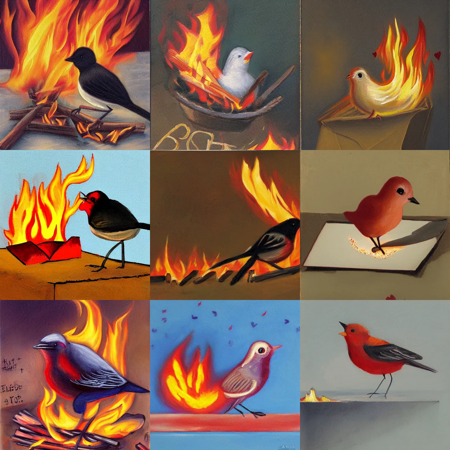 Prompt: a small bird burning love letters on a fire, painting