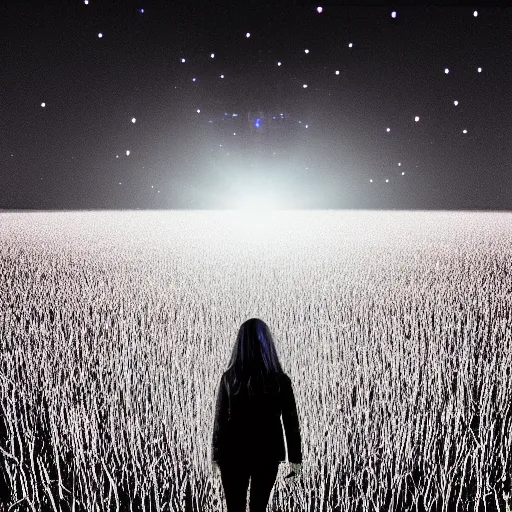 Image similar to a woman standing on steps in a field at night, a hologram by kusama, instagram, optical illusion, full body, ultra hd, neon