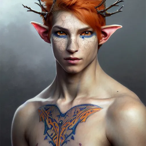 Image similar to portrait painting of an elven male teen with short light orange hair and tribal tattoos on his face wearing fur armor, ultra realistic, concept art, intricate details, eerie, highly detailed, photorealistic, octane render, 8 k, unreal engine. art by artgerm and greg rutkowski and charlie bowater and magali villeneuve and alphonse mucha