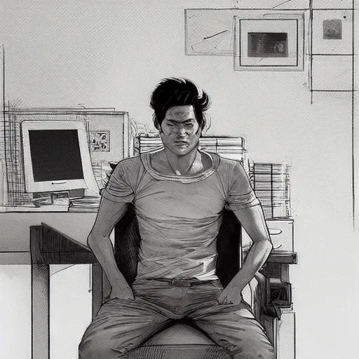 Prompt: a beautiful artwork of a young male scientist with black hair sitting on a chair at a desk by Jerome Opeña, featured on artstation