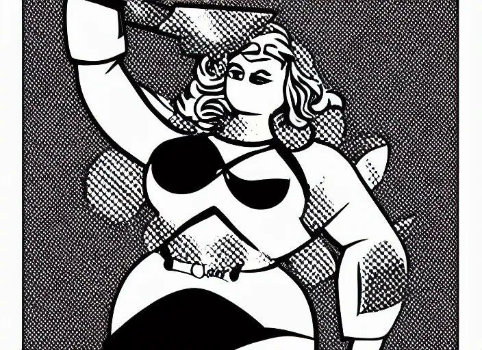 Image similar to a fat valkyrie. roy lichtenstein style. halftone dots. comic book look