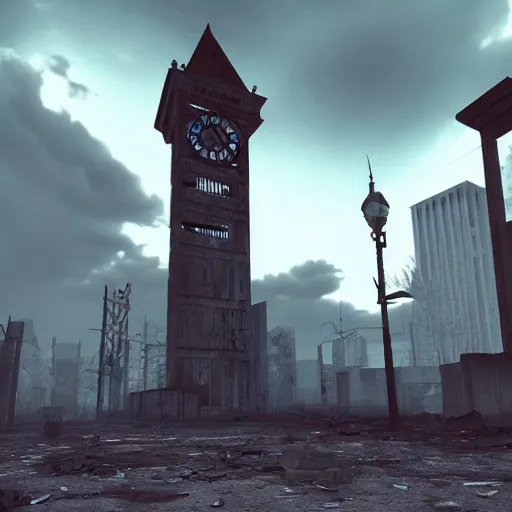 Prompt: a clock tower in an abandoned apocalyptic city, cyberpunk aesthetic