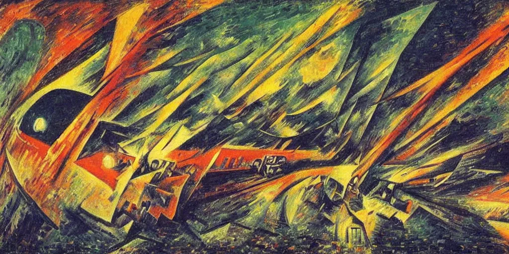 Image similar to oil painting of streamline train speeding. futurism. extreme speed with headlight shining into the fog. umberto boccioni.