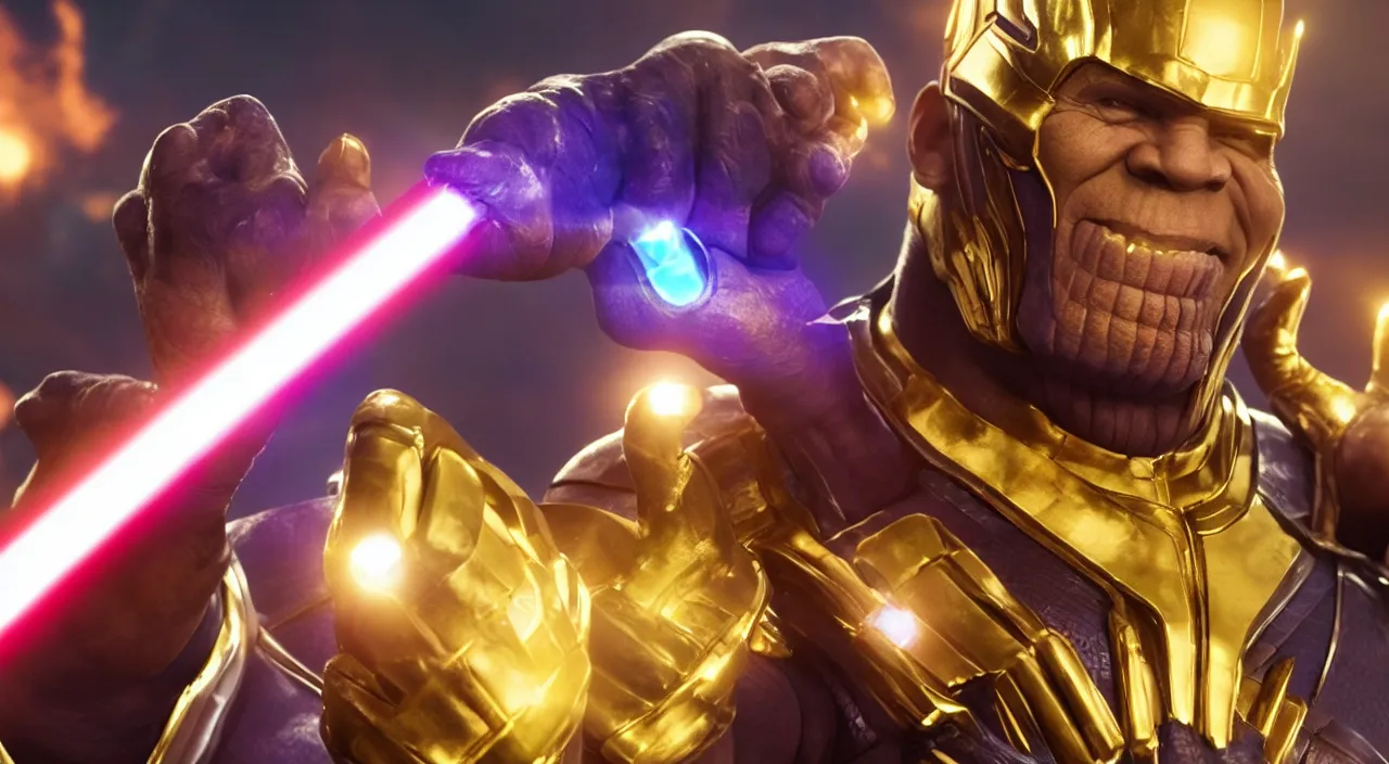 Image similar to MCU 3D render of thanos smiling, wearing infinity gauntlet and wielding a lightsaber, high quality wallpaper, desktopography