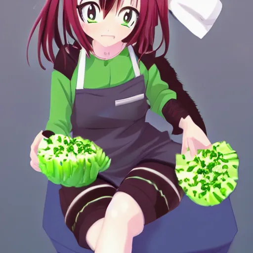 Prompt: an anime catgirl refusing to eat her broccoli, by kawacy