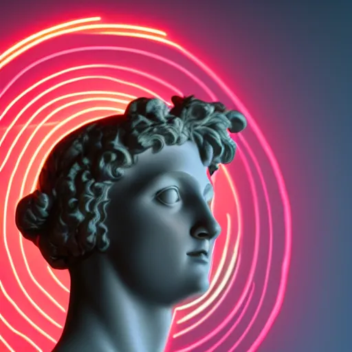 Image similar to a 3 d neon circle surrounding the head of a renaissance statue, 3 d render, black background, ray tracing, 8 k resolution, sharp focus, very detailed, hyper realistic