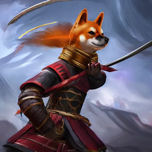 Image similar to shiba inu samurai warrior as a league of legends character, michael maurino, alex flores, paul kwon, cinematic, highly detailed, concept art, 3 d cgi, dramatic lighting, focus, smooth, heroic, hyper realistic background, in the style of league of legends, lol