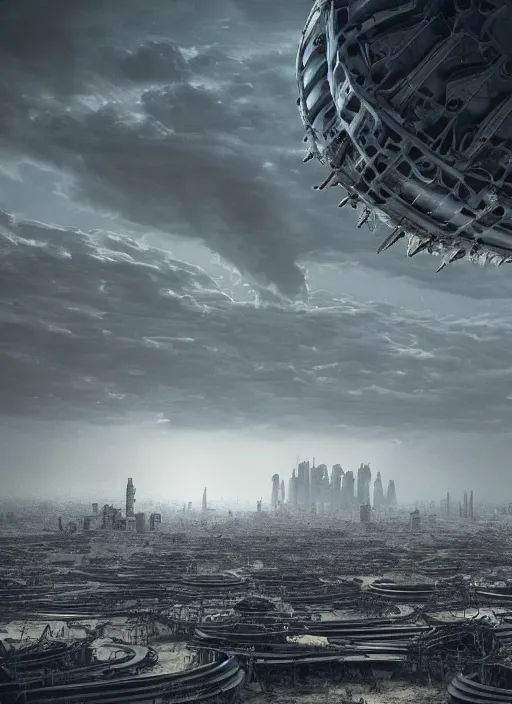 Prompt: moody landscape, exoplanet, abandoned alien megastructure designed by giger, towering skeletal temple skyscrapers, zaha hadid, post industrial, peter gric, beksinski, hr giger, kubrick, black clouds, octane render, cinematic,