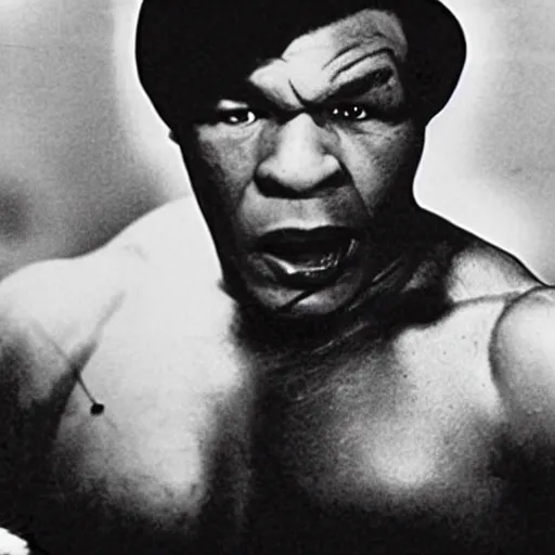 Prompt: mike tyson as dracula in the 1 9 2 2 film, black and white