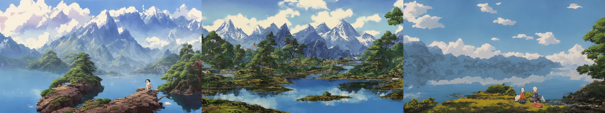 Prompt: lakeside mountains, by hayao miyazaki