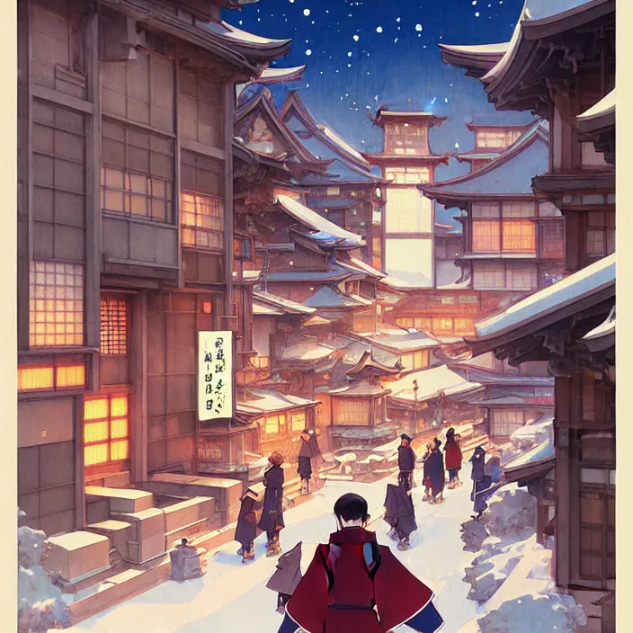 Image similar to japanese city, winter, in the style of studio ghibli, j. c. leyendecker, greg rutkowski, artem