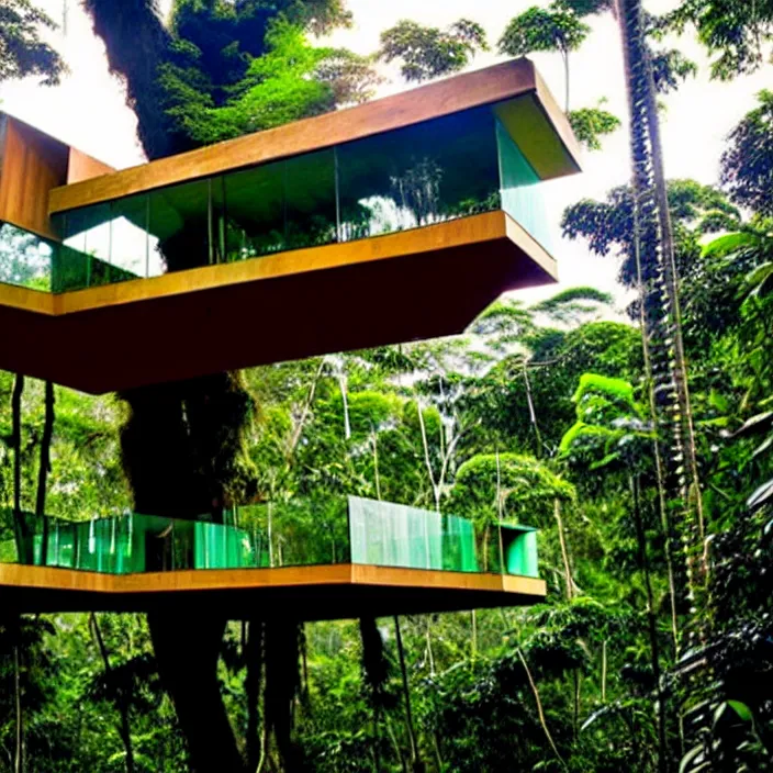 Image similar to cantilevered treehouse in the amazon jungle