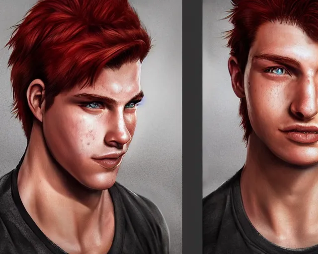 Prompt: portrait stocky of 1 9 - year - old male twins with red hair and freckles, two male, wearing shirts,, hyper realistic face, beautiful eyes, character art, art by mark brooks, hyperdetailed, cryengine, trending on artstation, digital art