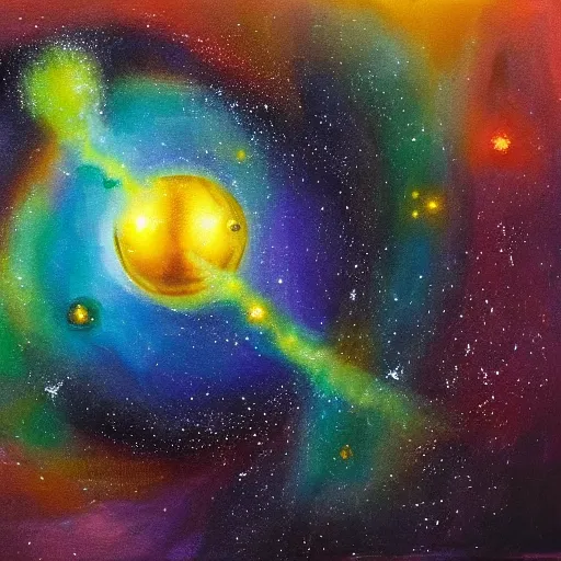 Prompt: abstract realistic painting of a black hole insine a golden dodecahedron with a blue and green nebula in background