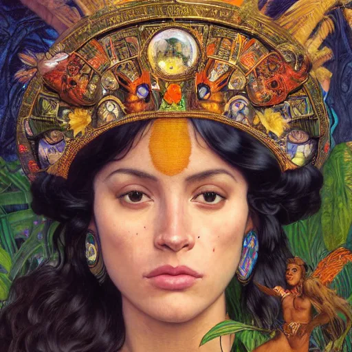 Image similar to face portrait of a beautiful alluring female aztec queen in a dense jungle at sunset, detailed, centered, digital painting, artstation, concept art, donato giancola, Dante Gabriel Rossetti, alphonse mucha, Joseph Farquharson, Joseph Christian Leyendecker, WLOP, Boris Vallejo, Breathtaking, 8k resolution, extremely detailed, beautiful, establishing shot, artistic, hyperrealistic, beautiful face, octane render