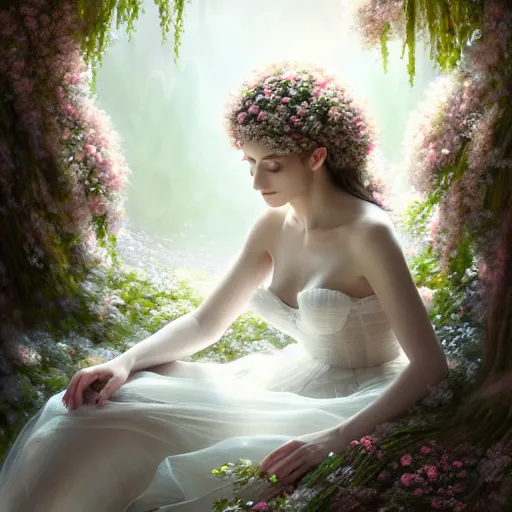 Image similar to a picture of a beautiful woman in a white organza dress and covered in flowers and leaves sitting overlooking an enchanted forest, high fantasy, elegant, epic, detailed, intricate, digital painting, concept art, realistic detailed face, smooth, focus, rim light, detailed 8 5 mm f / 1. 4, anamorphic lens,