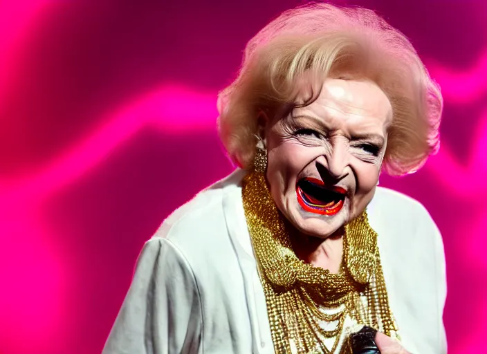 Image similar to publicity photo still of betty white as a gangsta rapper covered in gold chains, with grills in teeth and wearing a jumpsuit live on stage, 8 k, live concert lighting, mid shot