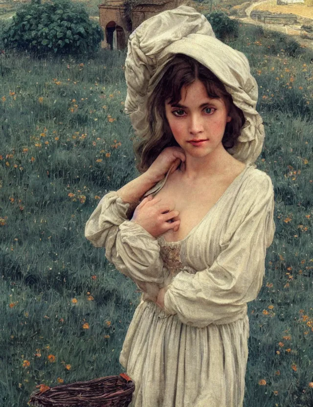 Prompt: tempting peasant girl with deep seductive décolleté looking in the camera, on a village, high angle view, portrait, Cinematic focus, Polaroid photo, vintage, neutral colors, soft light, foggy, by Steve Hanks, by Serov Valentin, by lisa yuskavage, by Andrei Tarkovsky 8k render, detailed, oil on canvas