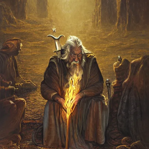 Image similar to the evil ian mckellen smithing on an anvil as gandalf in a dark viking hood playing odin all father crafting a neural network with golden synapses on an anvil with fire, highly detailed, cinematic shot, cinematic lighting, 8 k, exquisit facial detail, colored painting by gustave dore.