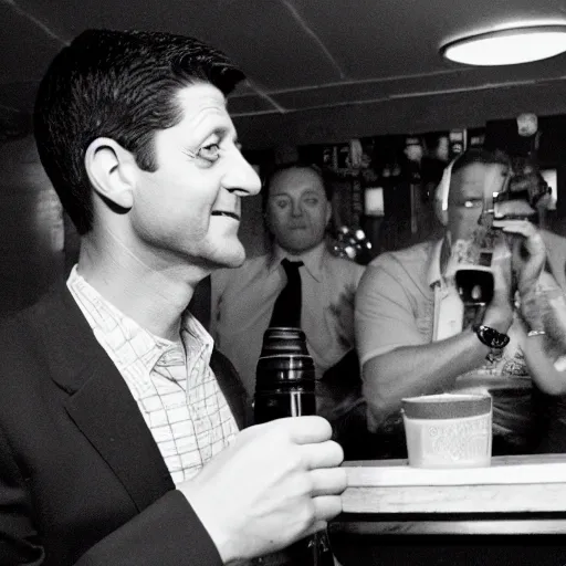 Prompt: Former House Speaker Paul Ryan alone at a dive bar. CineStill