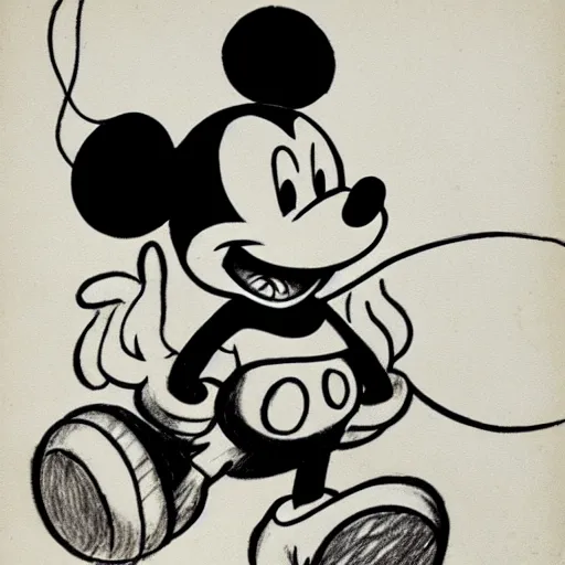 Prompt: mickey mouse playing with a skull first sketch, original drawing, 1 9 3 0, walt disney sketch