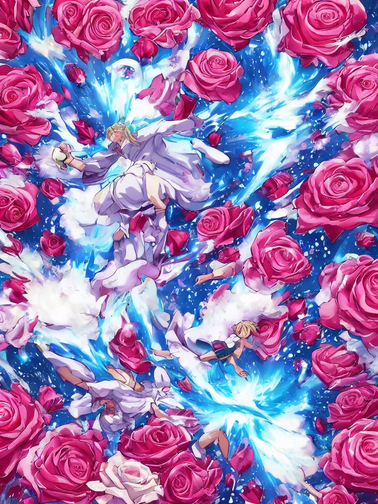 Image similar to hadoken force ball of white and pink roses, flowers exploding and splattering, blue sky, big puffy clouds, spraypaint, totem 2, exploding roses, hodouken, large rose petals, lotus petals, large triangular shapes, studio ghibli anime, radiant lighting, artgerm, manga, trending on artstation, art nouveau, mature colors