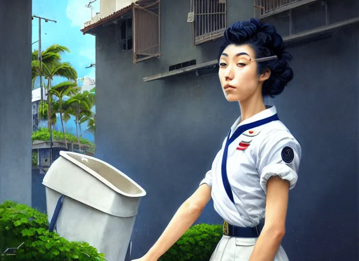 Prompt: portrait of an Italian Japanese young woman school with short hair wearing a navy and white sepuku uniform and jumping outside a green trashbin in Kalakaua avenue in Waikiki, intricate, elegant, highly detailed, centered, digital painting, artstation, concept art, smooth, sharp focus, illustration, by Peter Mohrbacher, WLOP