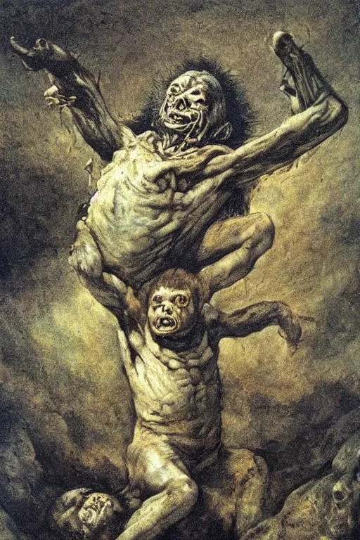 Image similar to the last human on earth, detailed baroque oil painting, dark, disturbing by goya and alan lee, smoke, hell on earth