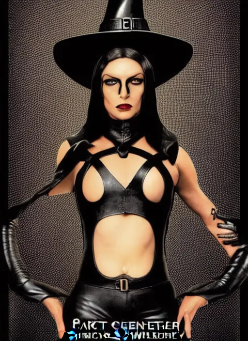 Image similar to perfectly centred realistic picture of a character dressed in leather tight suit and witch hat, dark,!! poster by waldemar swierzy, wiktor gorka, leszek zebrowski