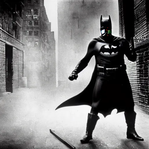 Image similar to old black and white photo, 1 9 2 5, depicting batman fighting a bad guy in an alley of new york city, tommy gun, rule of thirds, historical record