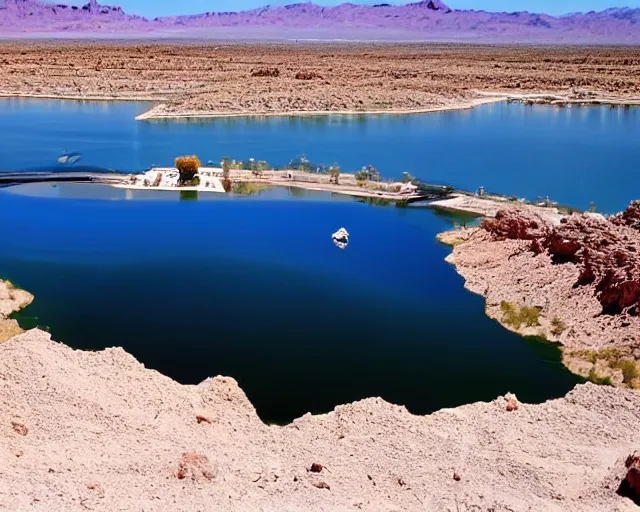 Image similar to there is a void made of teeth in lake havasu in the foreground with water reflections. my teeth are sharp. tourist trap.