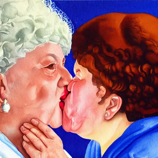 Image similar to of a very funny oil painting of a sweet fat old woman kissing herself. symmetrical face, red mouth, blue eyes. a flowered dress. a hyper - realistic scene. 3 d, octane processing, deep focus, white scene. a very funny and sweet picture. unreal engine. watercolor. fellini cinematic style. poster quality. freud painting style.