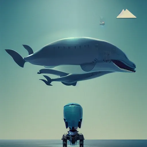 Image similar to giant robot head on the ground while robotic dolphins are flying in the sky by beeple, digital art