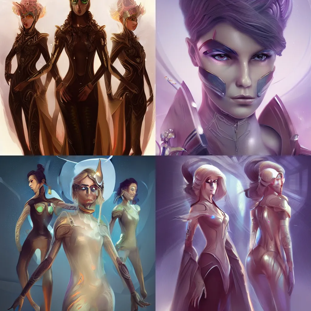 Prompt: Three futuristic princes, sci-fi, amber eyes, full body, fantasy, intricate, elegant, highly detailed, digital painting, artstation, concept art, smooth, sharp focus, illustration