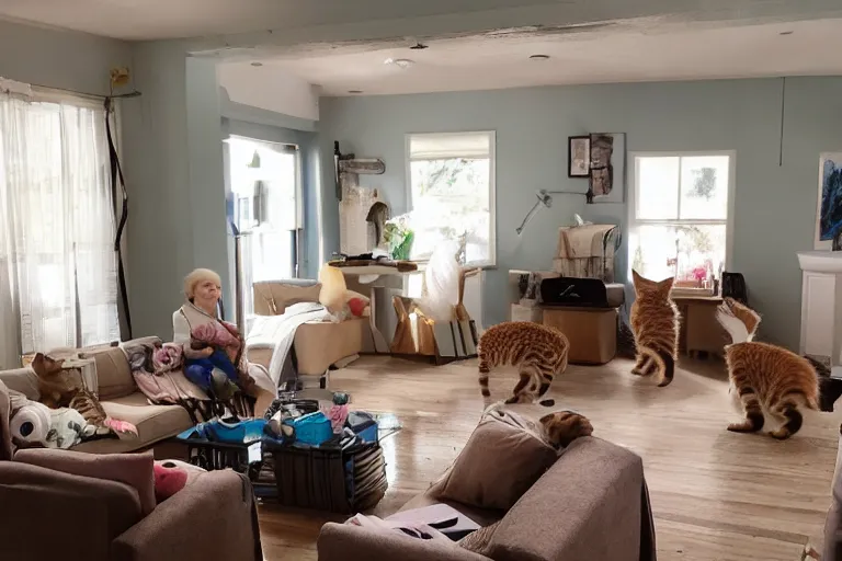 Image similar to a living room full of detailed cute kittens