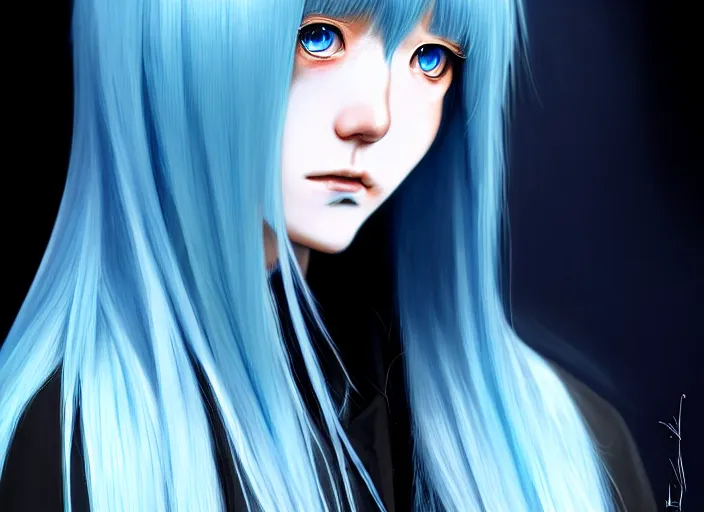 Image similar to full face shot of rimuru tempest, sky blue straight hair, long bangs, with amber eyes, wearing a black jacket, high collar, ultra detailed, concept art, award winning photography, digital painting, cinematic, wlop artstation, closeup, pixiv, evil, yoshitaka amano, andy warhol, ilya kuvshinov,